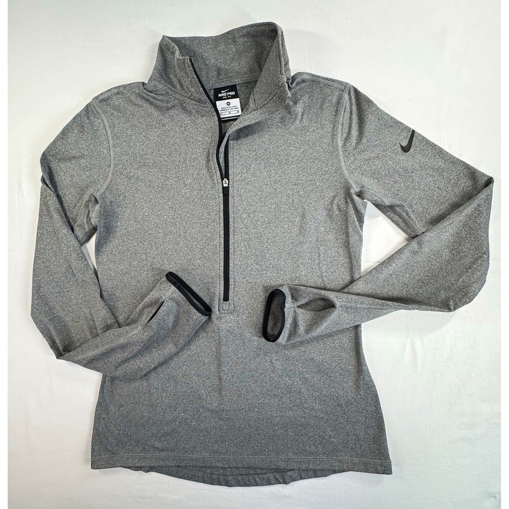Nike Pro Dri-FIT Women's Gray 1/2 Zip Mock Neck Top Thumbholes Sz M